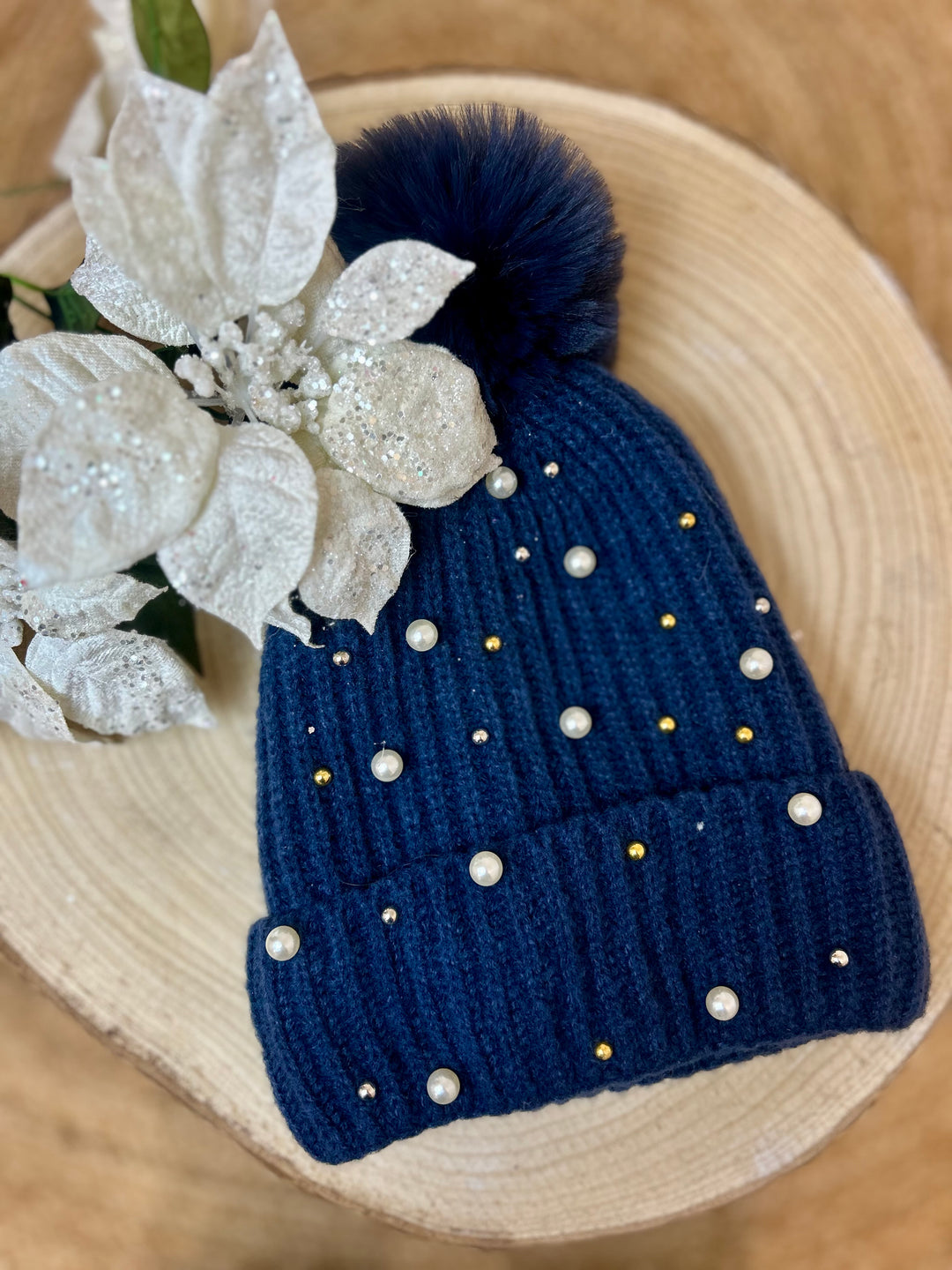 Jenny Glow (33061) Navy Pearl Fur Lined Bobble Hat