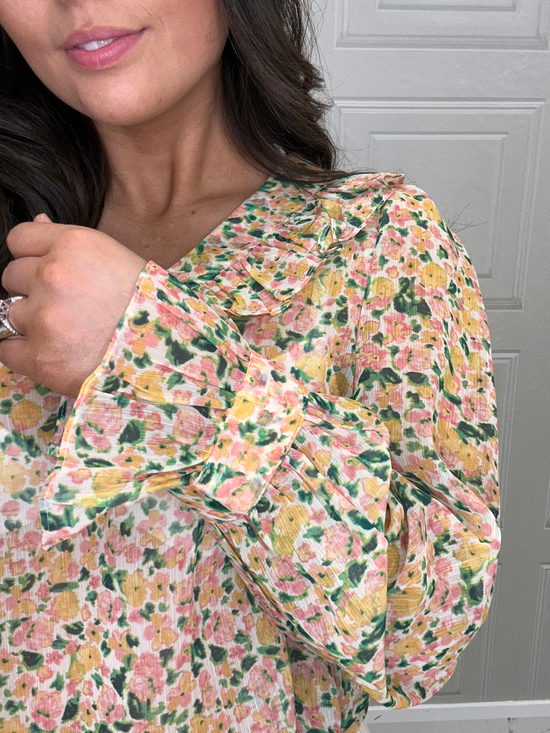 French Connection Pear Aleezia Hallie Crinkle Flower Top