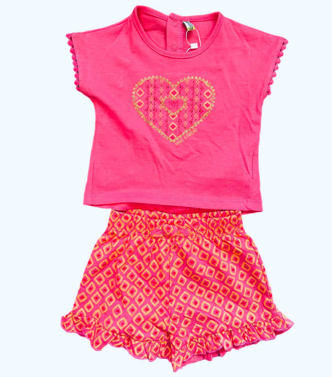 Losan Baby Pink Heart Tee & Ruffles Aztec Shorts Set