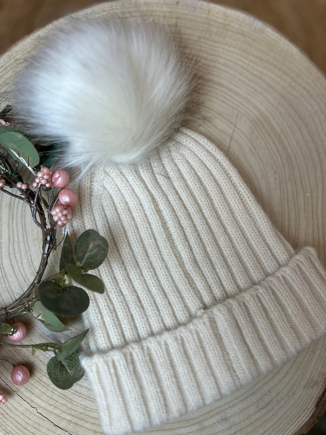 Pia Rossini Kiara Beige Rib Knit Bobble Hat
