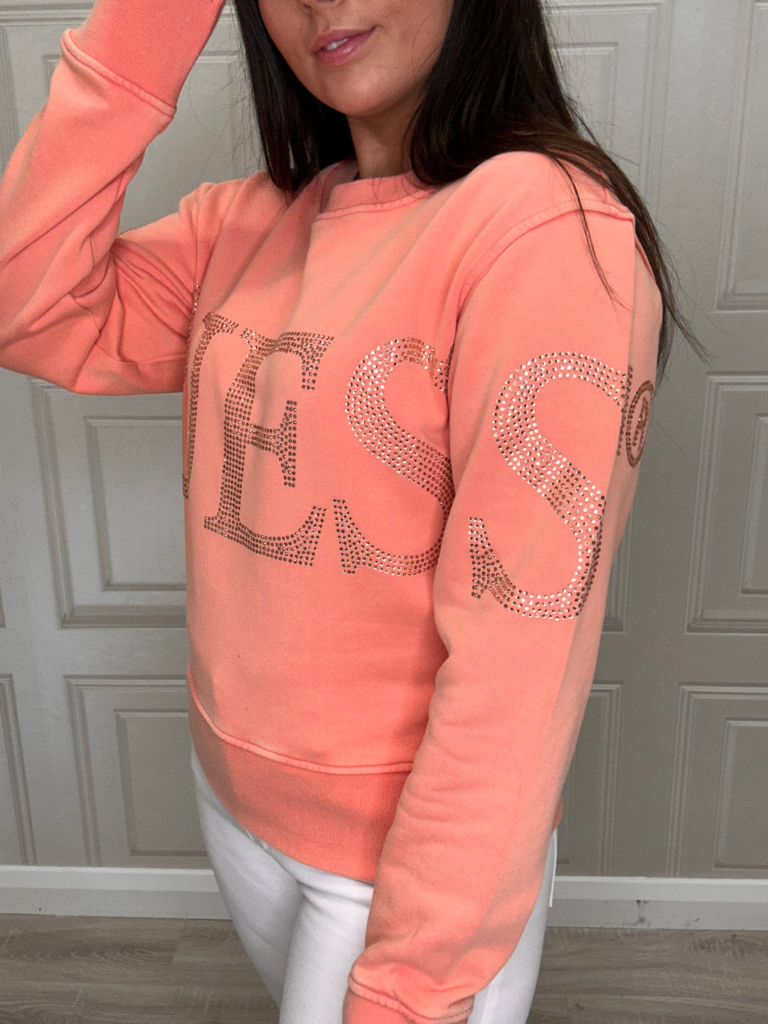 Guess Vintage Logo Stones Peach Coral Sweater