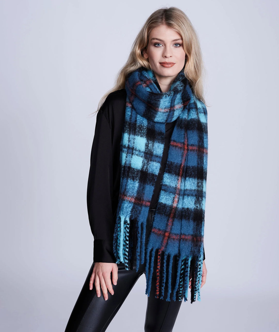 Pia Rossini Lovella Blue Check Blanket Scarf with Fringed Trim