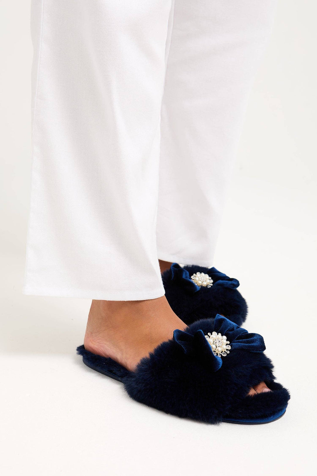 Anya Embellished Slider Slippers in Navy: Navy / M = US 6.5-7.5 / UK 4.5-5.5 / EU 38-39