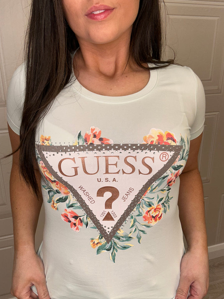 Guess Misty Teal Diamante Flower Tee