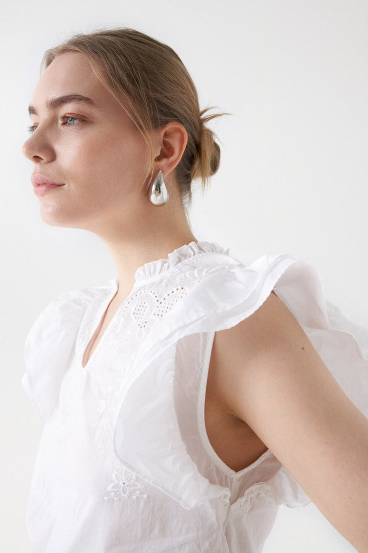 Salsa White Embroidered Ruffle Top