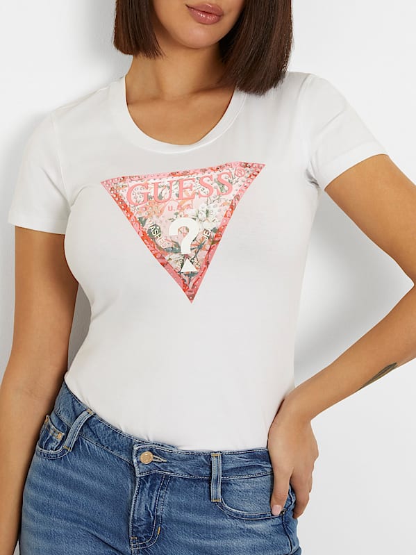 Guess White Floral Triangle Tee