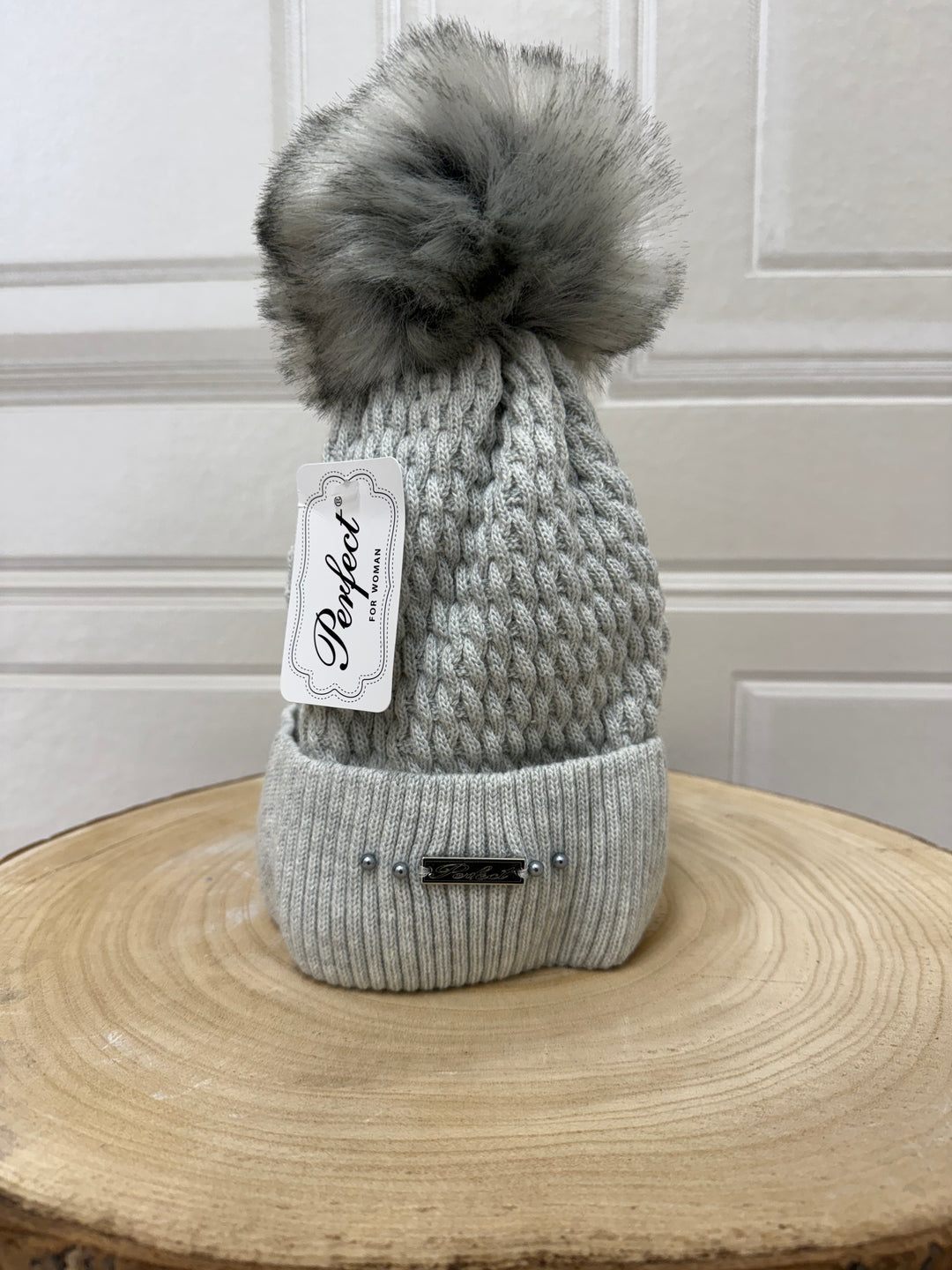 Perfect Fleeced Lined Pom Pom Hat Grey