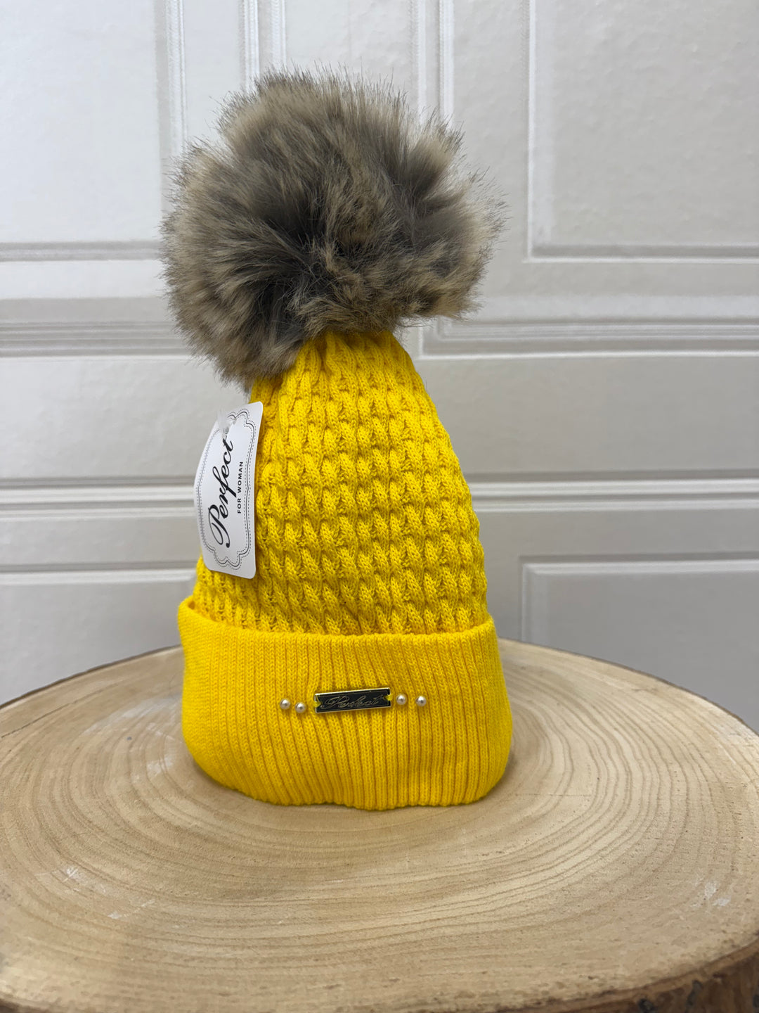 Perfect Fleeced Lined Pom Pom Hat Yellow