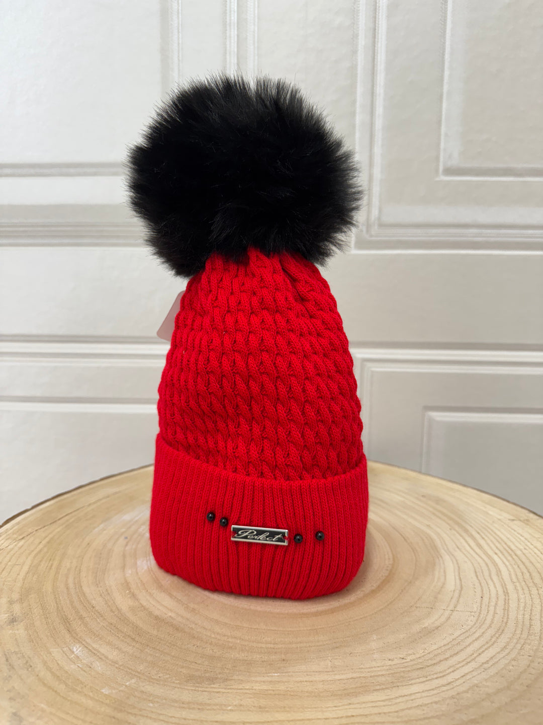 Perfect Fleeced Lined Pom Pom Hat Red