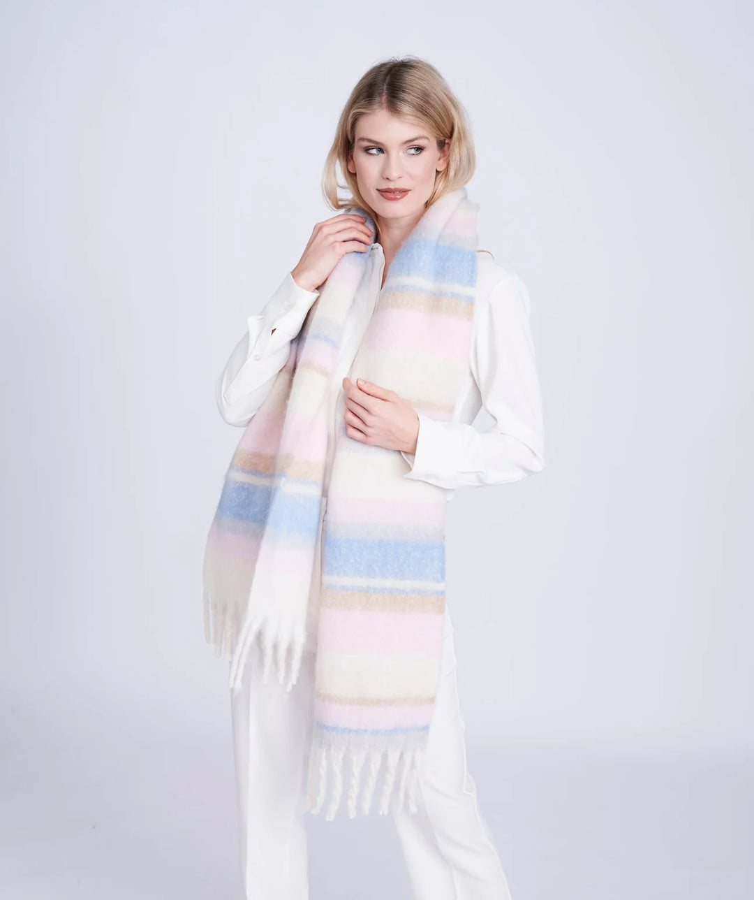 Pia Rossini Avery Pastel Striped Blanket Scarf with Tassel Fringing