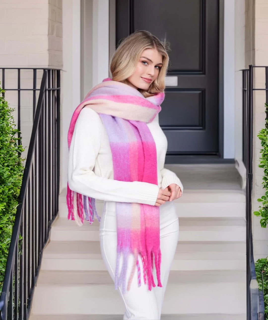 Pia Rossini Elaine Pink Checked Oversized Winter Scarf