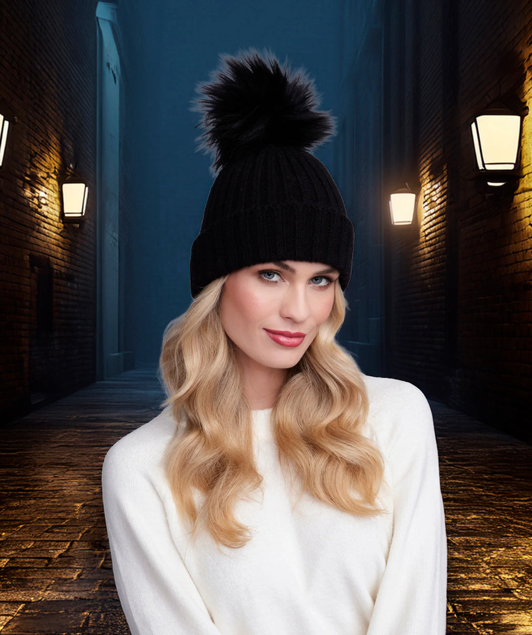 Pia Rossini Kiara Black Rib Knit Bobble Hat