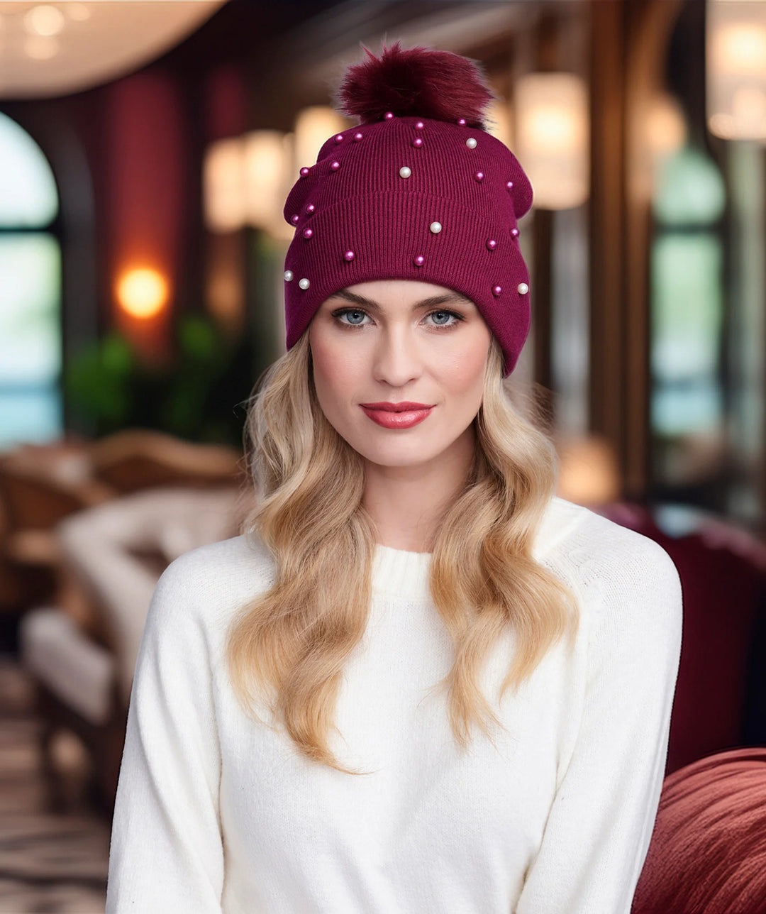 Pia Rossini Lovato Burgundy Pearl Knitted Bobble Hat