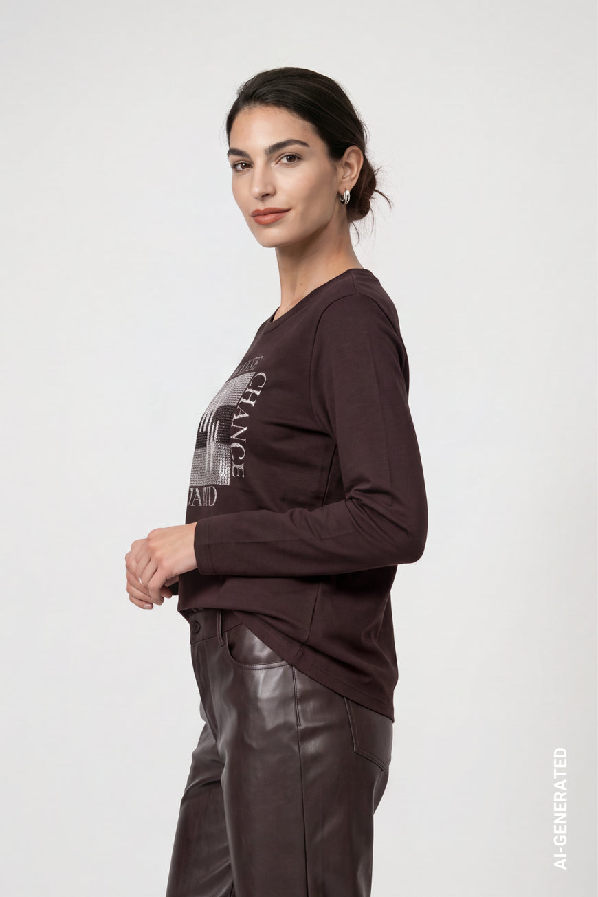 Monari Long Sleeve Black Coffee Top With Decorative Detailing