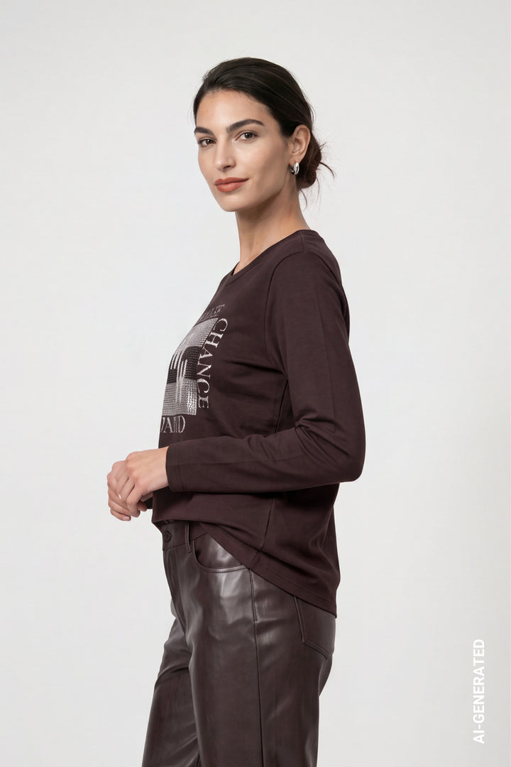 Monari Long Sleeve Black Coffee Top With Decorative Detailing