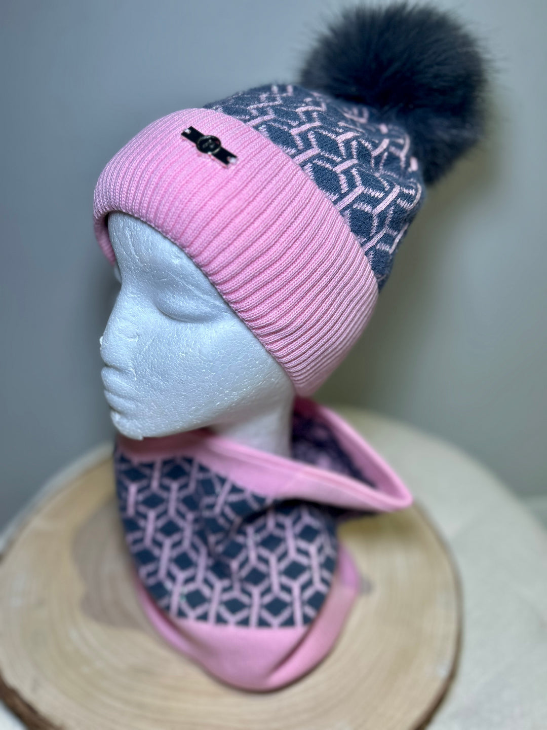 Perfect Hat & Snood Set – Pink & Dark Grey Geometric Design