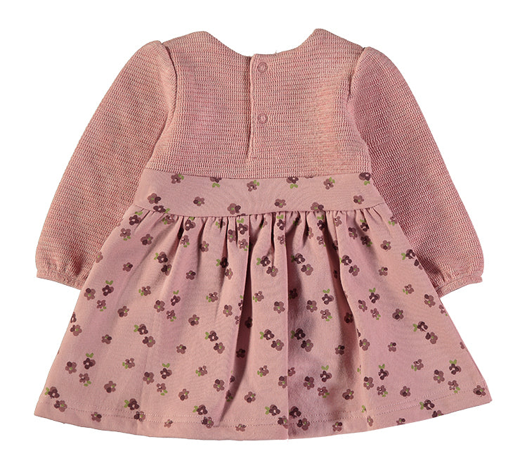 Babybol Baby Girl Long Sleeve Knit &amp; Floral Bow Dress | Dusky Pink