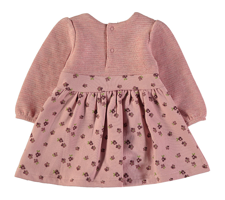 Babybol Baby Girl Long Sleeve Knit &amp; Floral Bow Dress | Dusky Pink