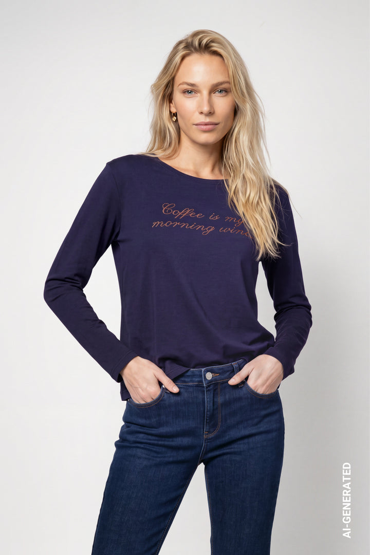 Monari Long Sleeve Rhinestone Lettering Top | Dark Blue