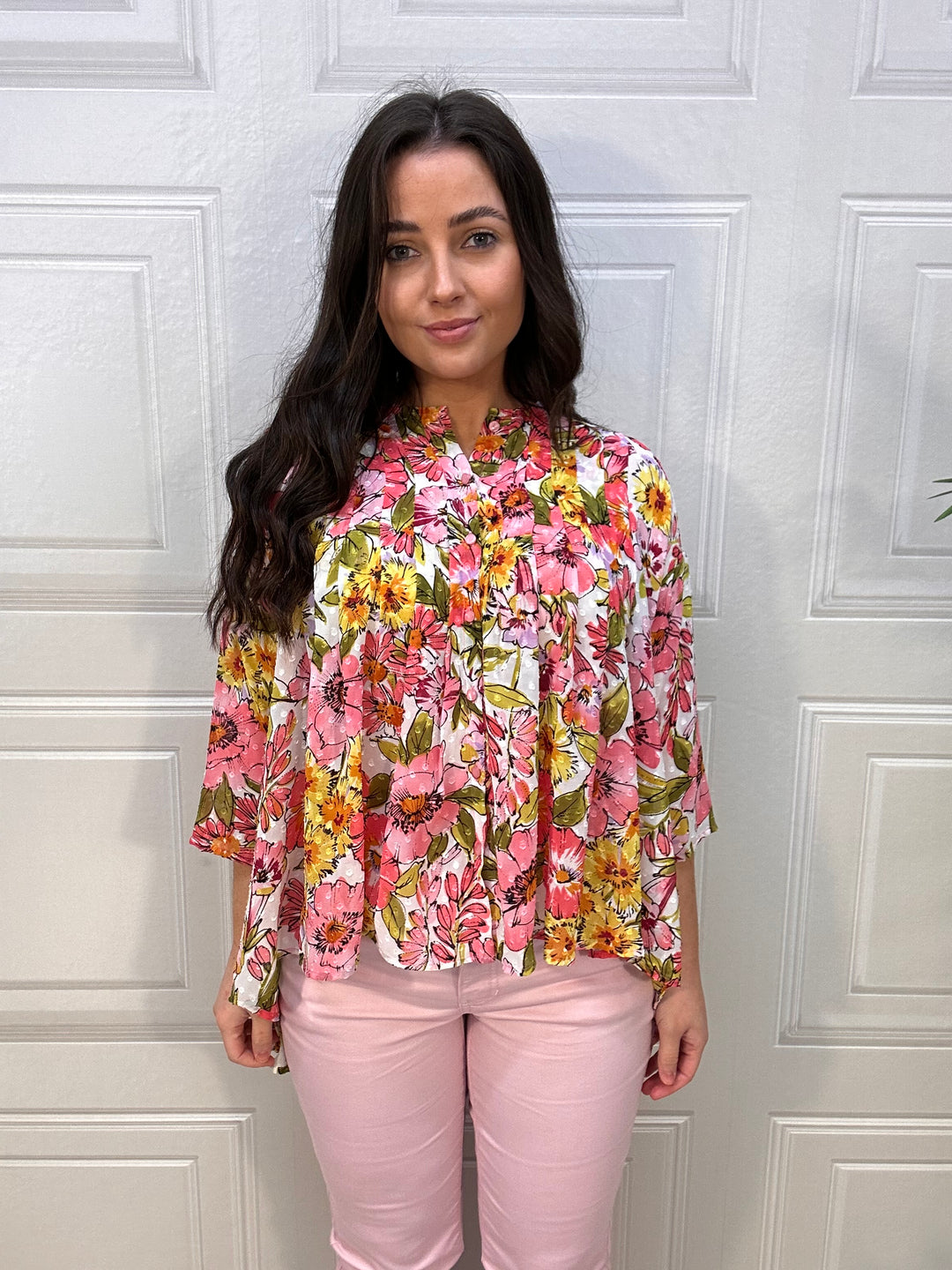 Traffic People Madding Pink & Olive Floral Pleat Blouse
