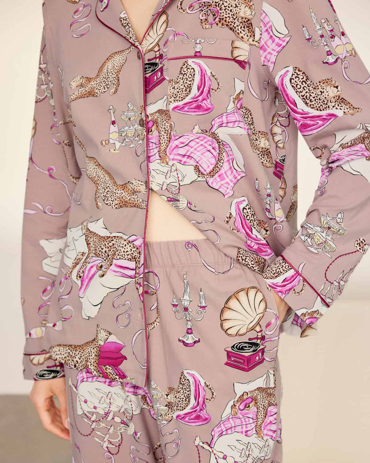 Chelsea Peers Organic Cotton Leopard After Party Print Long Pyjama Set