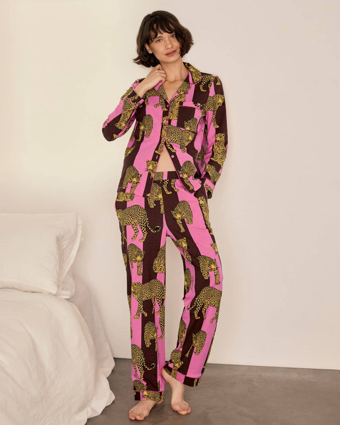 Chelsea Peers Organic Cotton Leopard Stripe Print Long Pyjama Set
