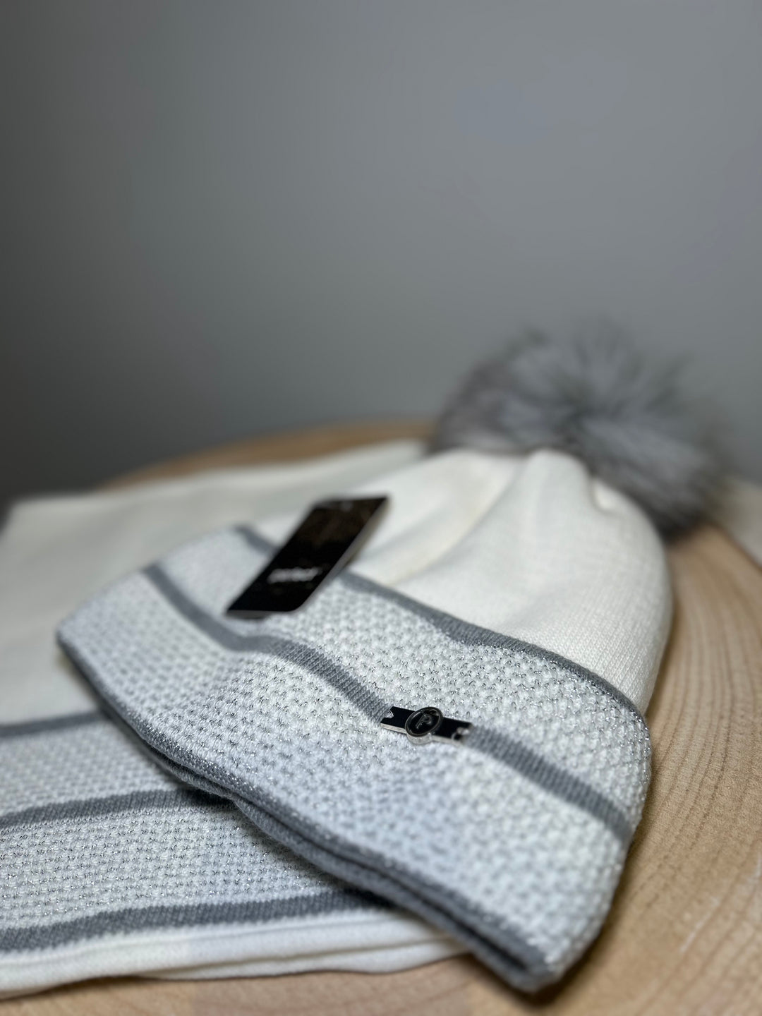Perfect Hat & Snood Set – Winter White with Silver Grey Trim