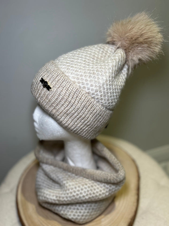 Perfect Cream & Beige Knit Hat and Snood Set