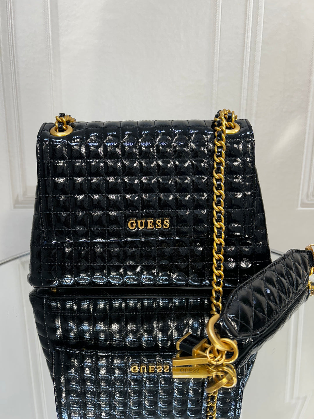 Guess Tia Black Patent Quilted Bag