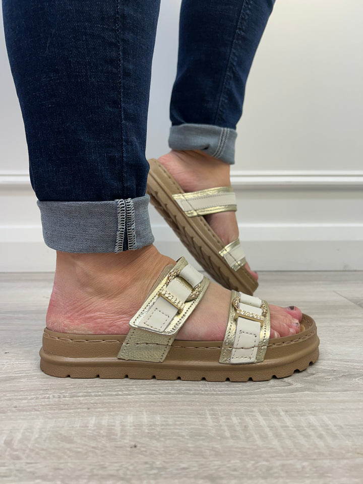 Pegada Burnished Linho - Gold & Cream Sandal