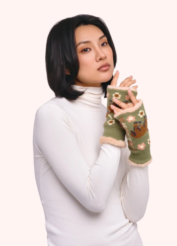 Powder Highland Cow Wrist Warmers | Moss