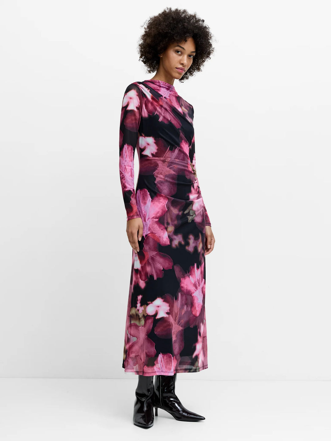 French Connection Talluah Floral Ruched Mesh Midi Dress