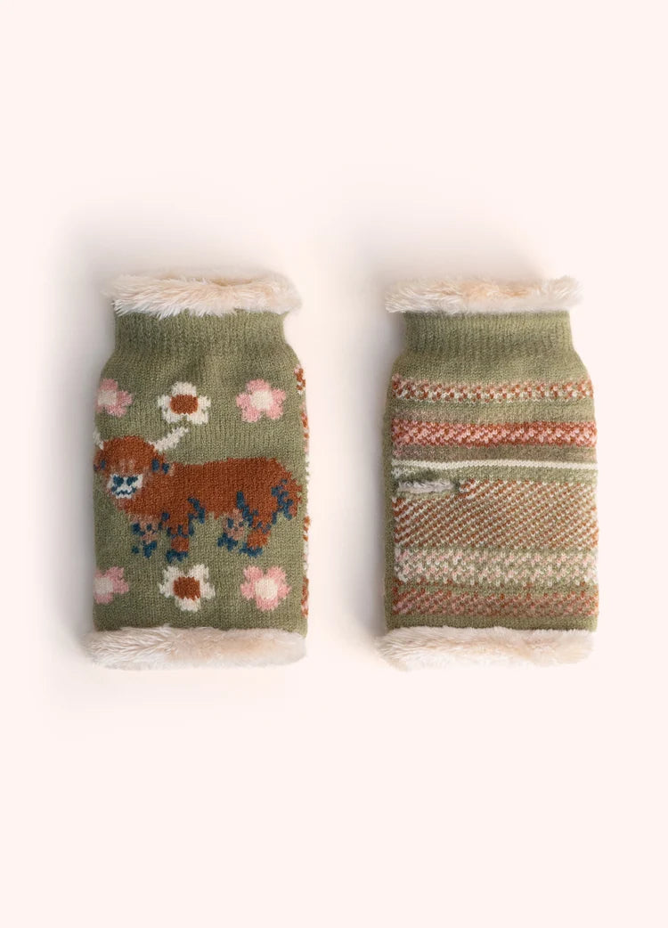 Powder Highland Cow Wrist Warmers | Moss