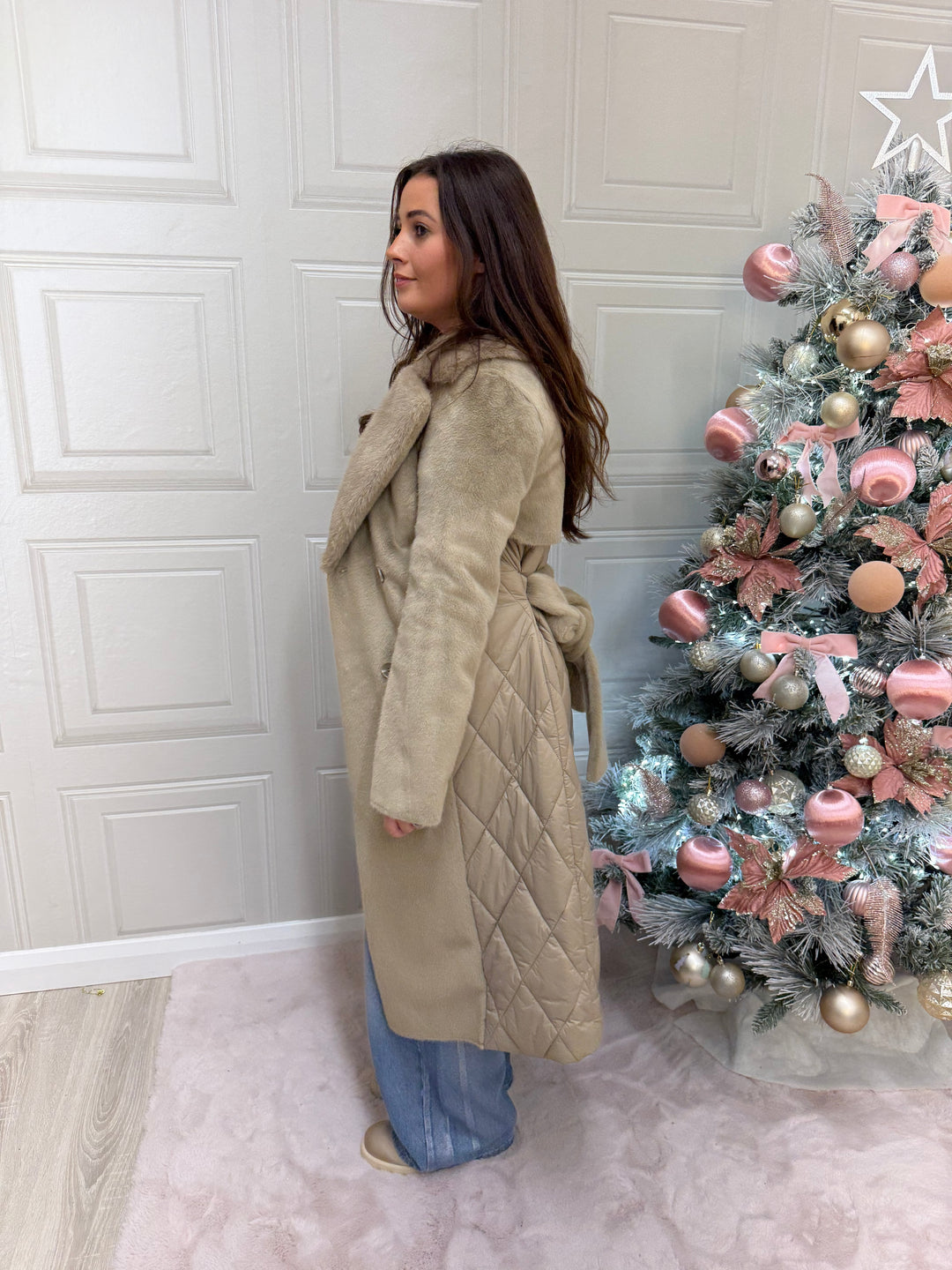 Guess Beige Qulited Long Quilted Faux Fur Coat