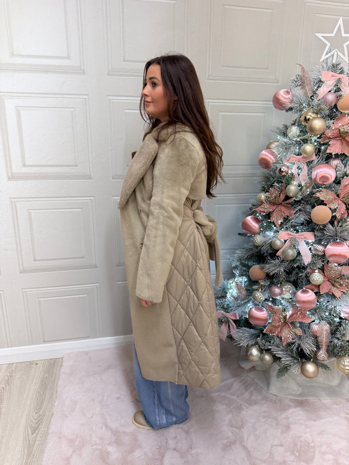 Guess Beige Qulited Long Quilted Faux Fur Coat