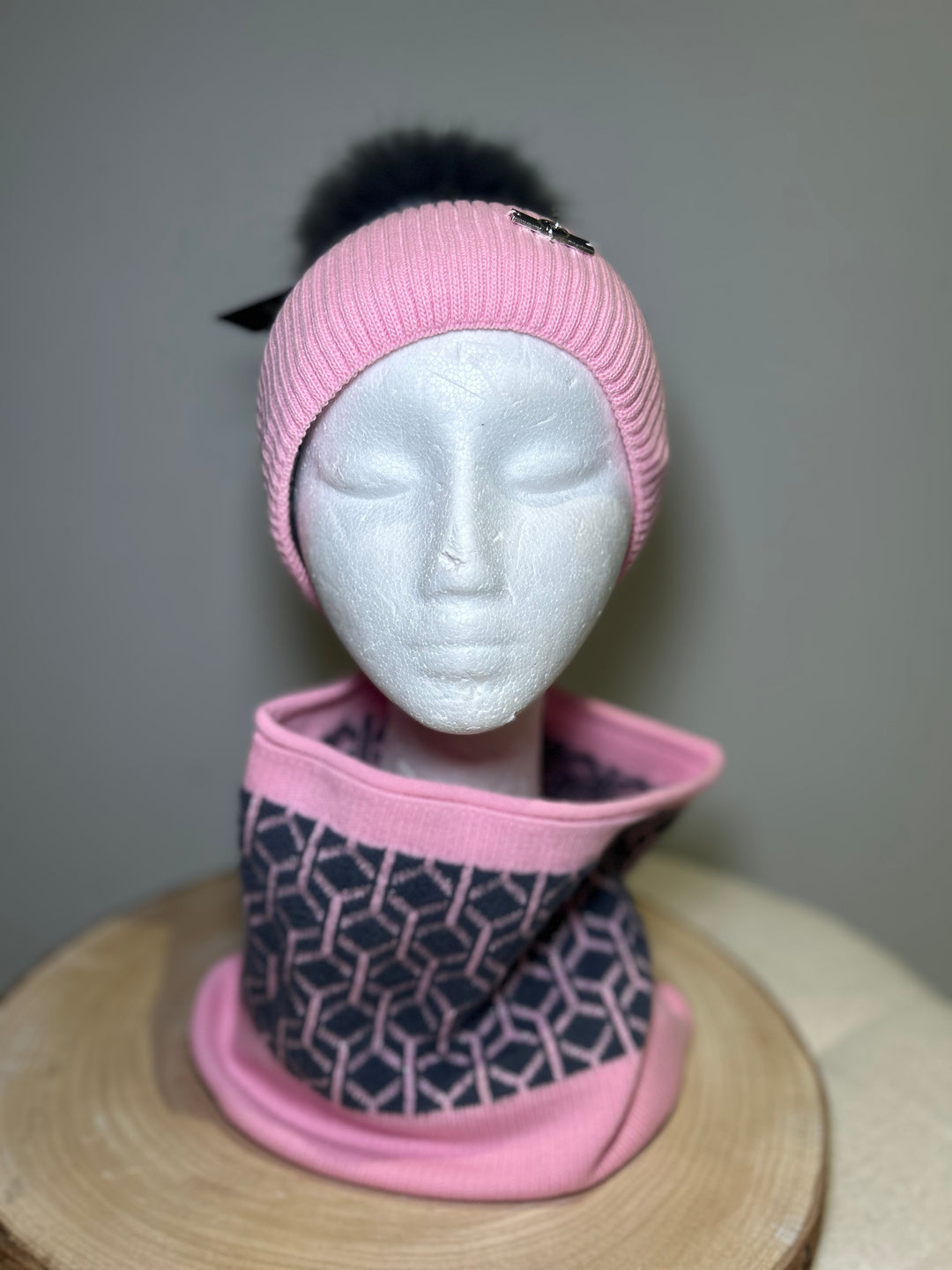 Perfect Hat & Snood Set – Pink & Dark Grey Geometric Design