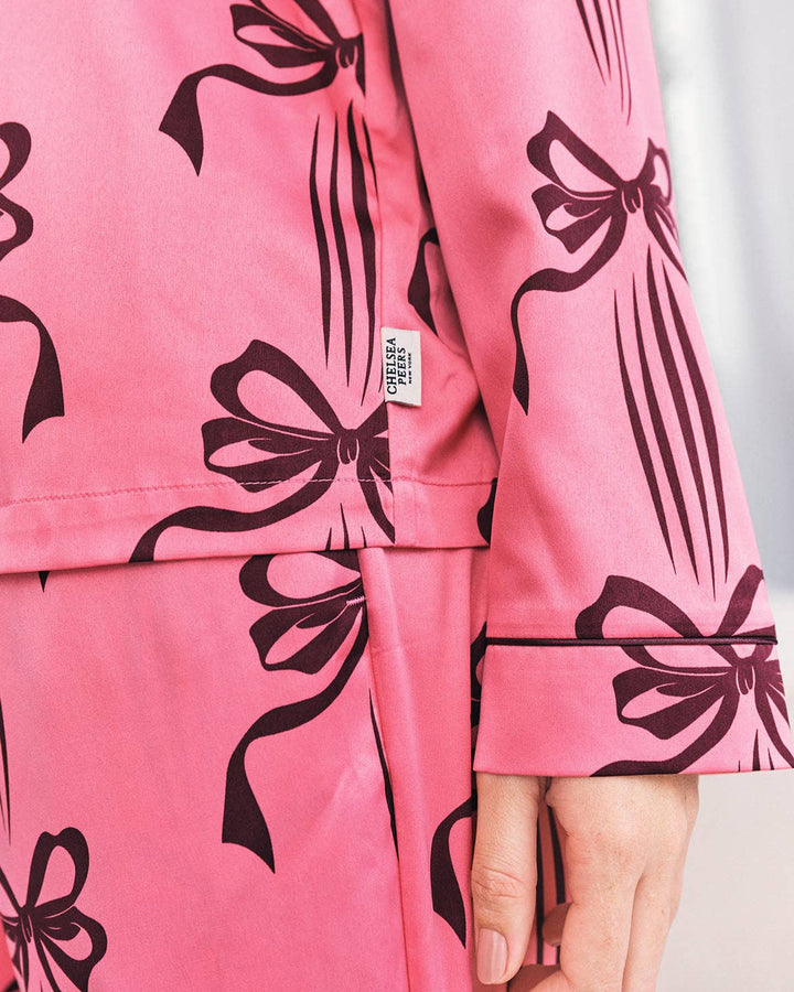 Satin Bow Print Long Pyjama Set: UK 12