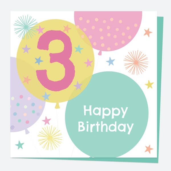 Kids Birthday Card - Girls Balloons Age 3