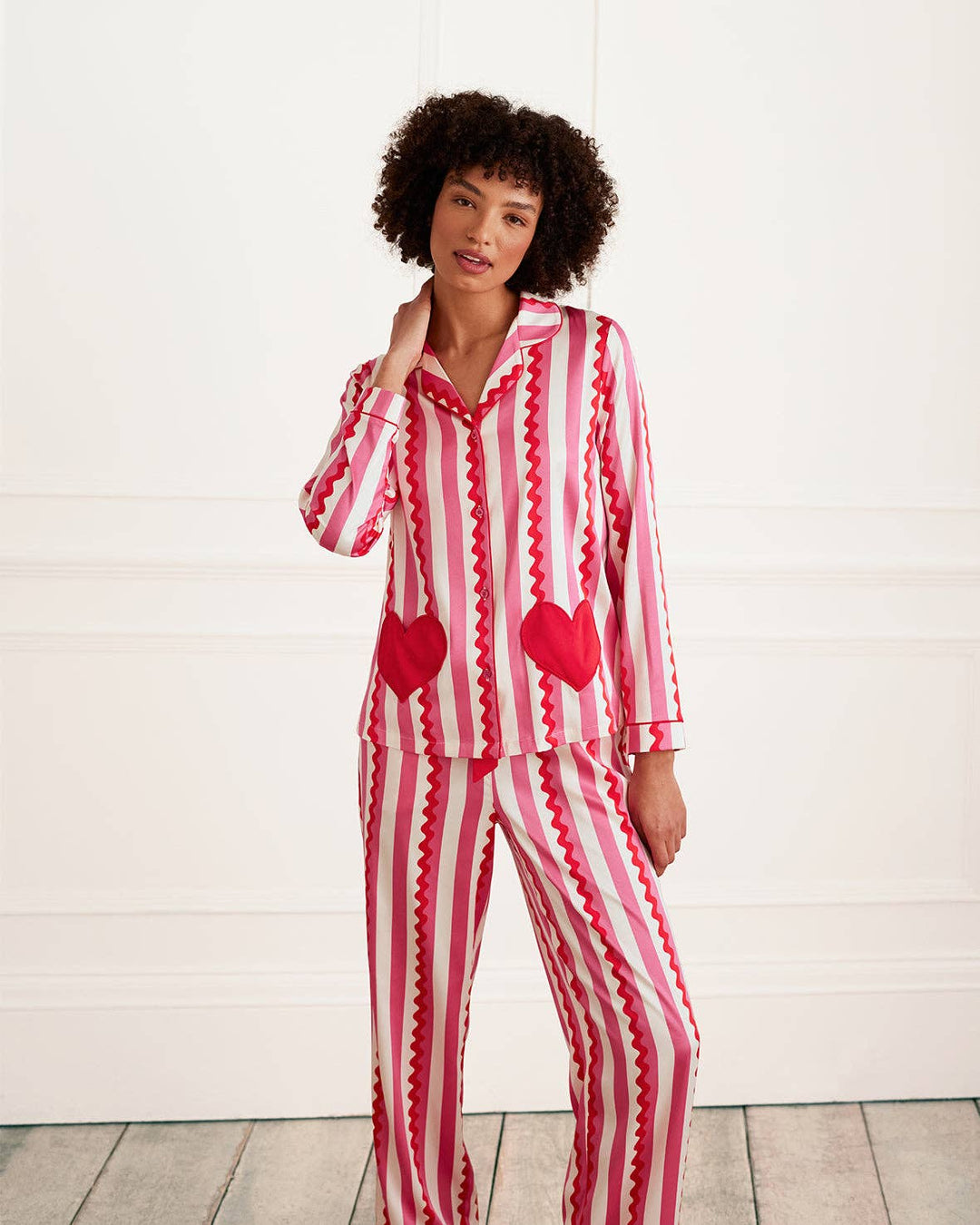 Satin Heart Pocket Striped Long Pyjama Set: Pink / UK 12