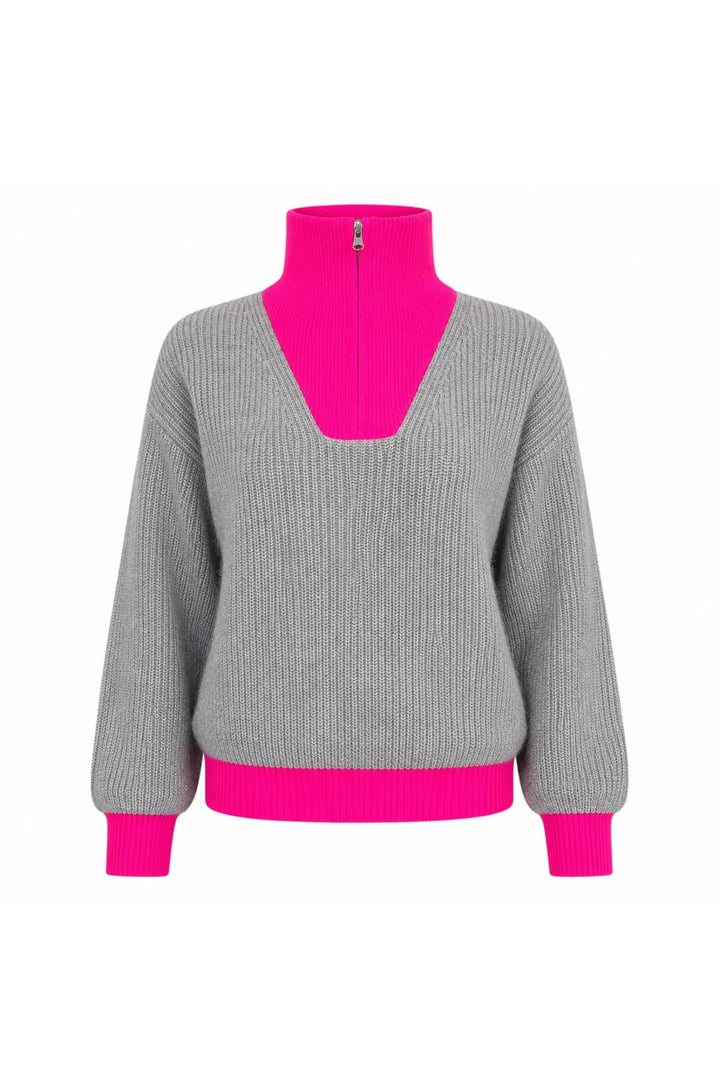 Twins Breckenridge II Long Sleeve Trucker Neck Pullover | Pearl Grey &amp; Neon Pink