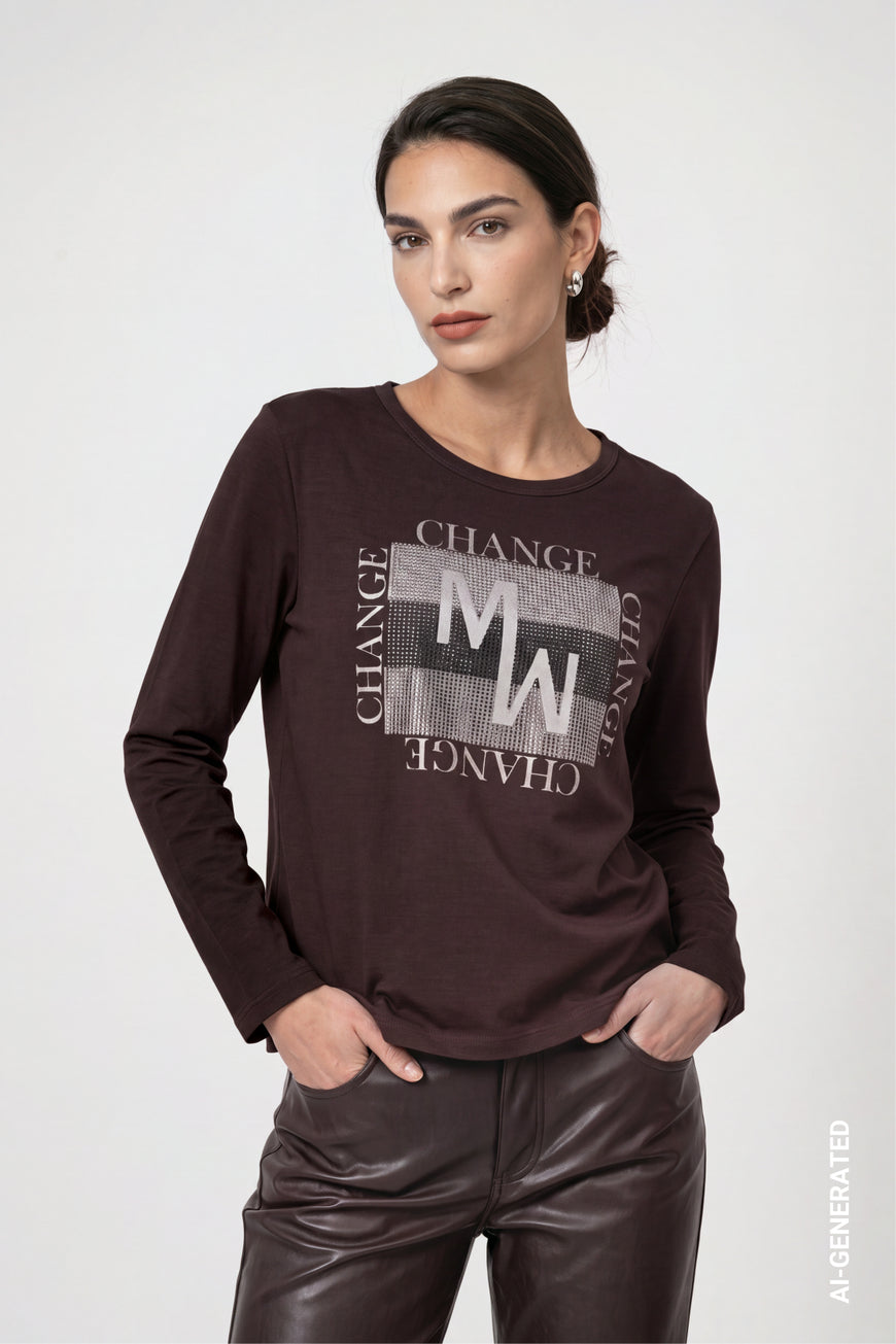 Monari Long Sleeve Black Coffee Top With Decorative Detailing