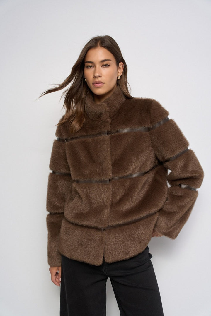 Salsa Faux Fur Coat With PU | Dark Brown