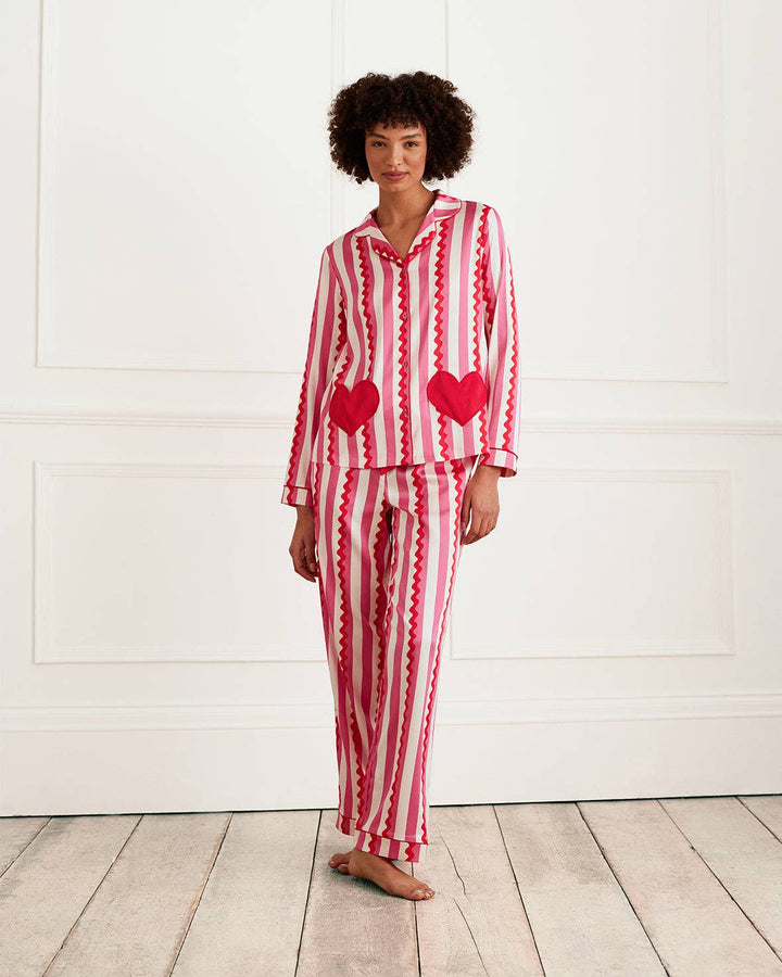 Satin Heart Pocket Striped Long Pyjama Set: Pink / UK 12