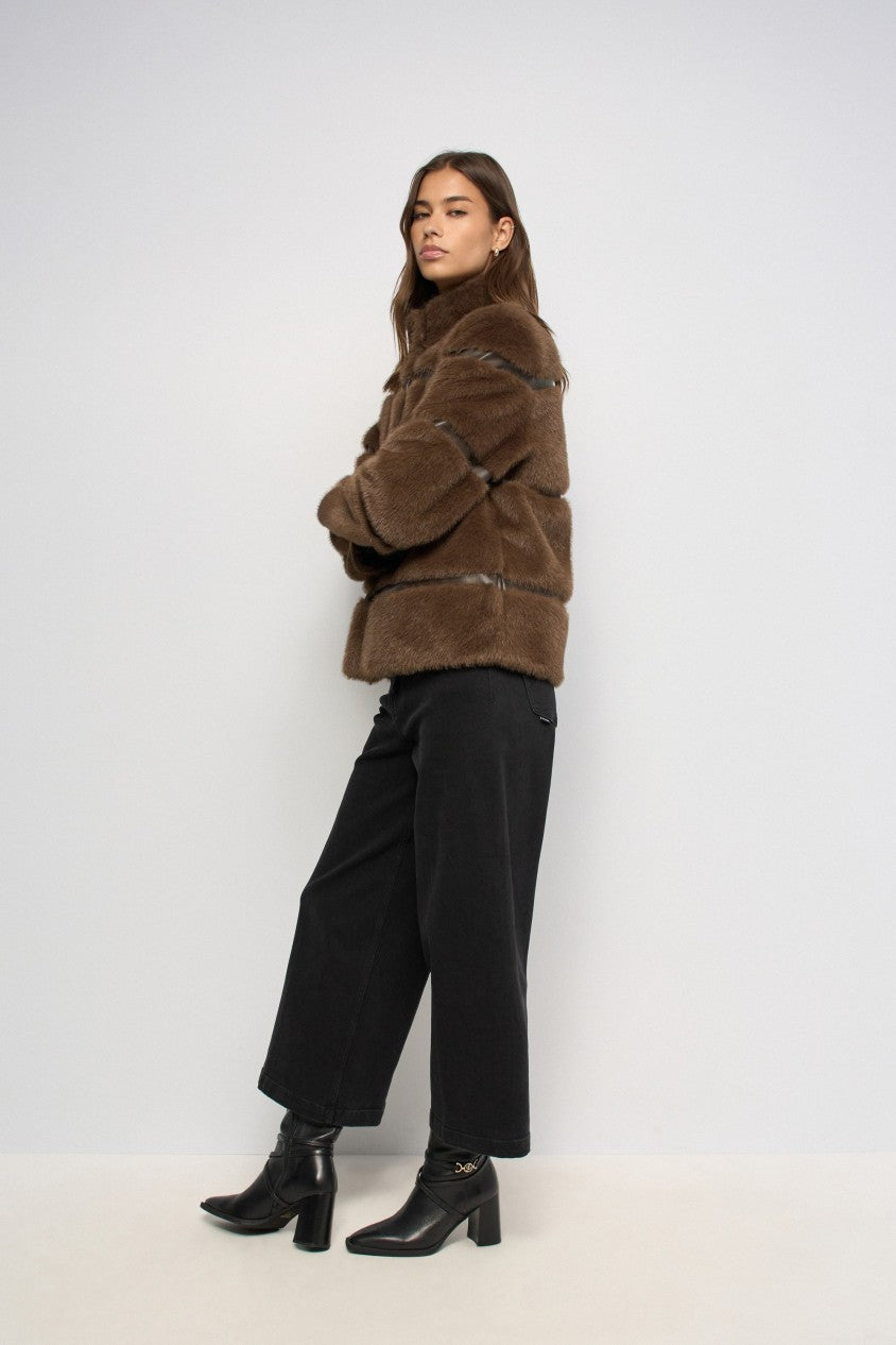 Salsa Faux Fur Coat With PU | Dark Brown