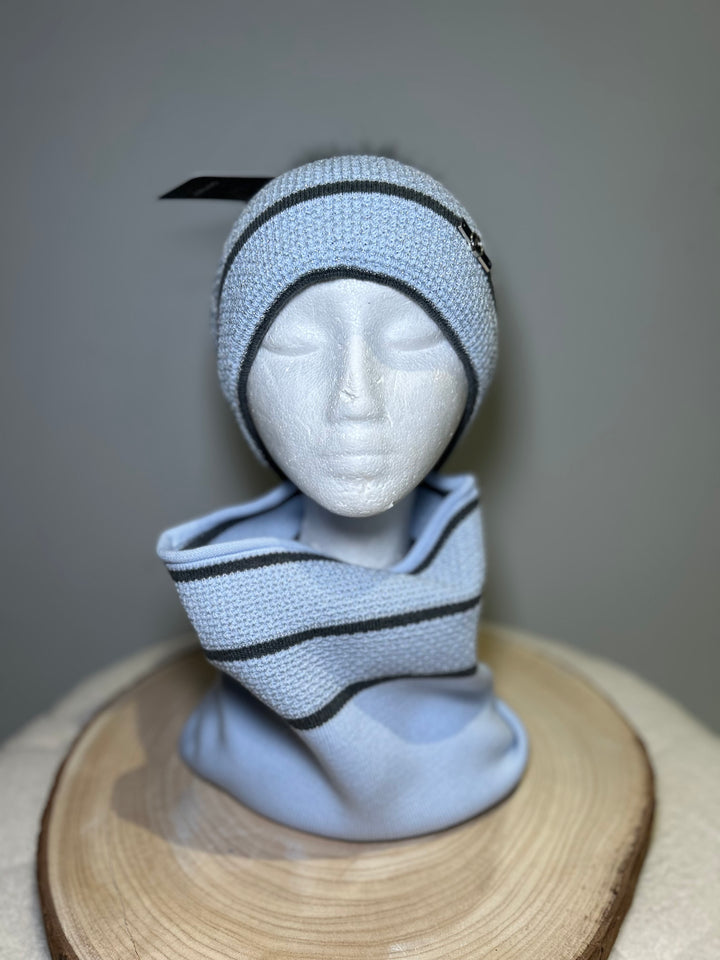 Perfect Hat and Snood Set – Soft Blue & Charcoal Stripes