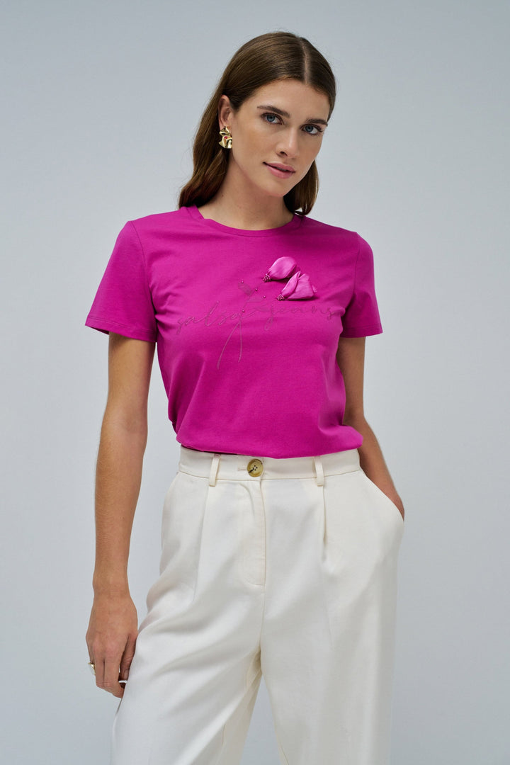 Salsa Jeans Branded Pink T-shirt with Applique Flowers