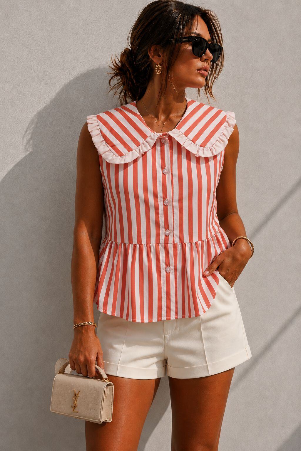 Lucie Striped Blouse Ruffle Collar Red