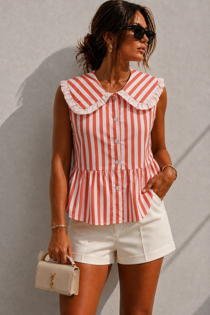 Lucie Striped Blouse Ruffle Collar Red
