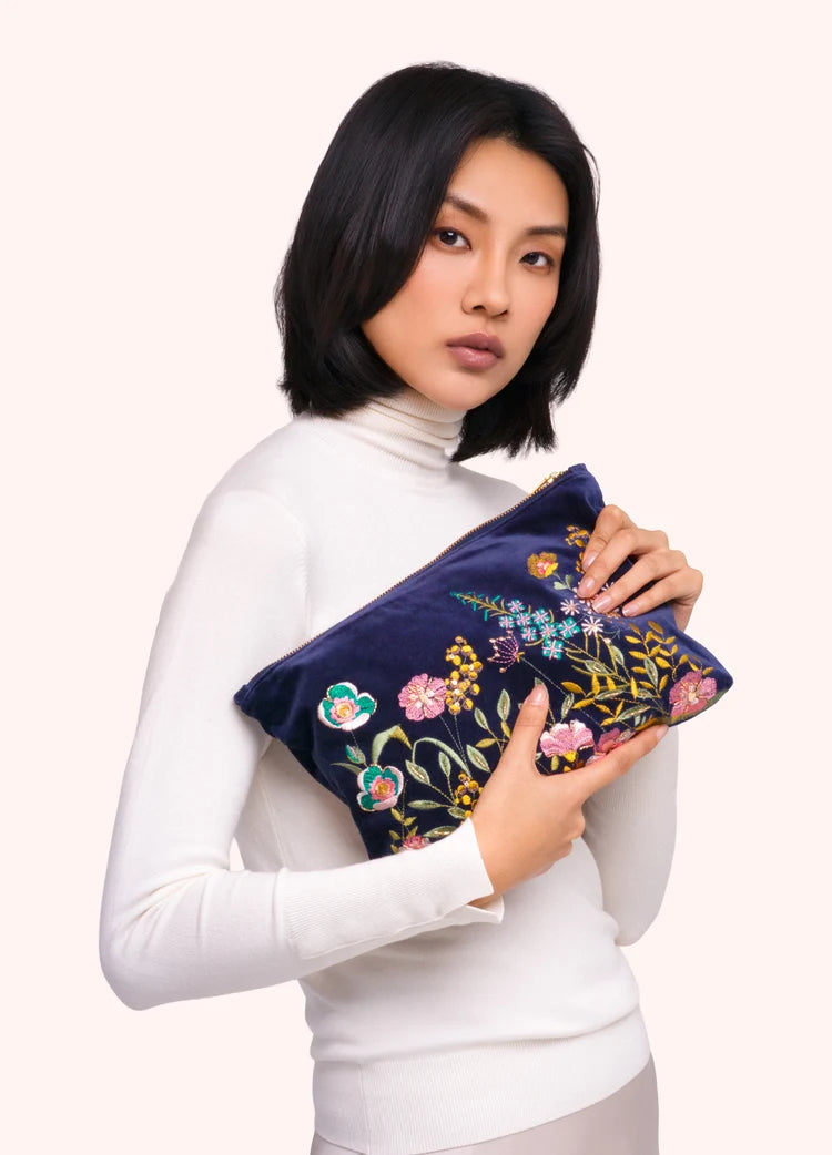 Powder Navy Floral Hedgerow Zip Pouch