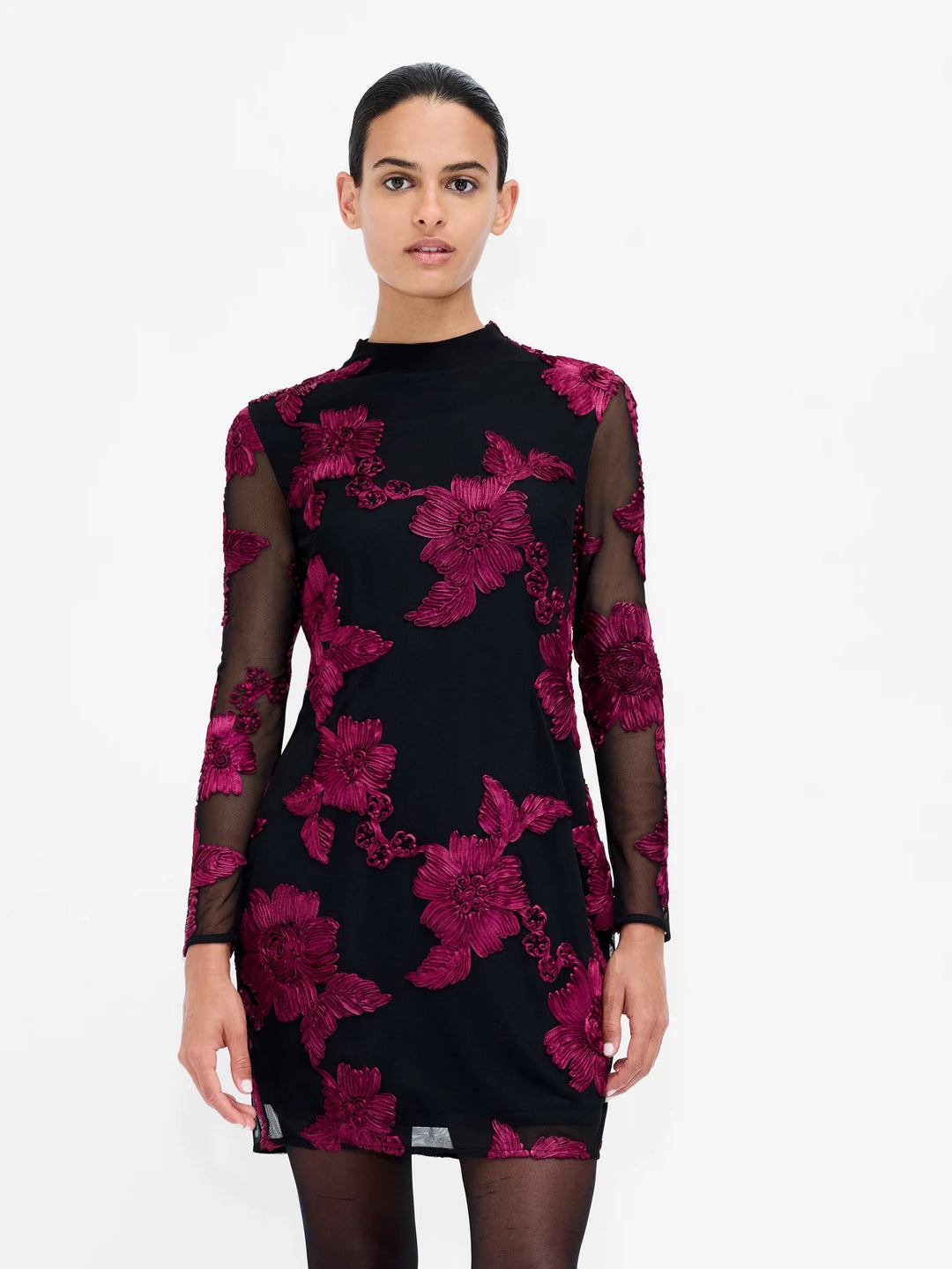 French Connection Lalitha Black Floral Applique Mini Dress